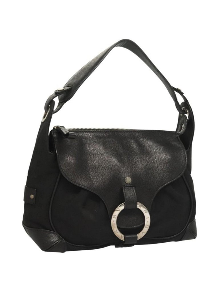 Authentic Bvlgari Logo Mania Shoulder Bag Leather Canvas Black Silver